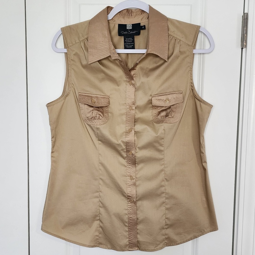 Debbie Shuchat Sleeveless Button Down Top Safari Pockets Tan Size 12
